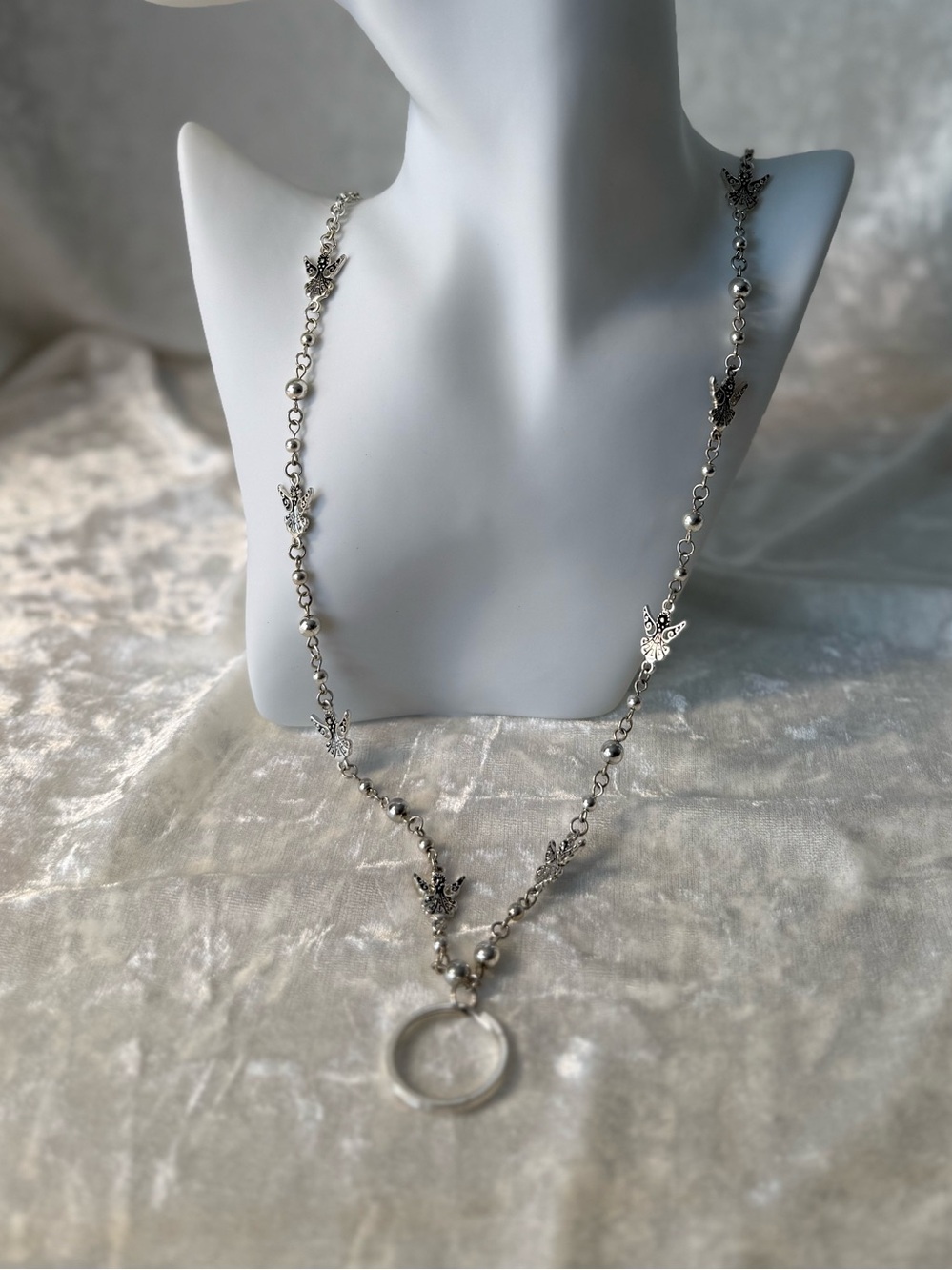 Silver Angel Beaded Long Necklace Ring Pendant Boho Layering Necklace